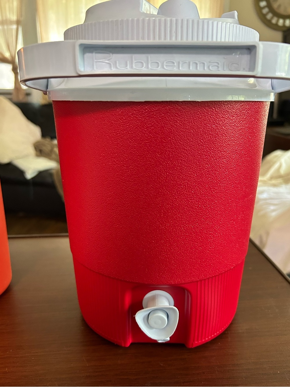 Rubbermaid Red Cooler Jug with White Lid and Spigot, holds 1 1/2 gallons